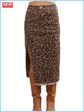 High Waisted Leopard Print Denim Midi Skirt Side Slit Vintage Jean Skirt